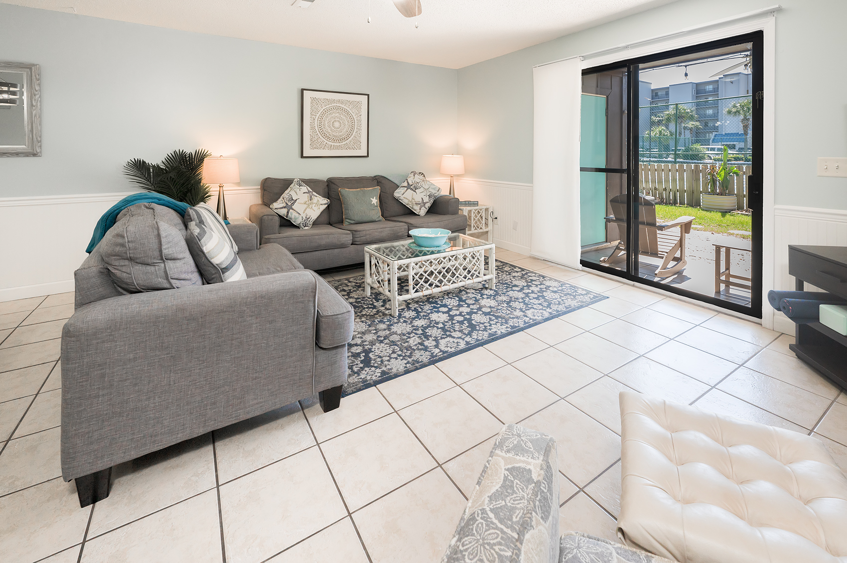 Styled coastal living room seating area
